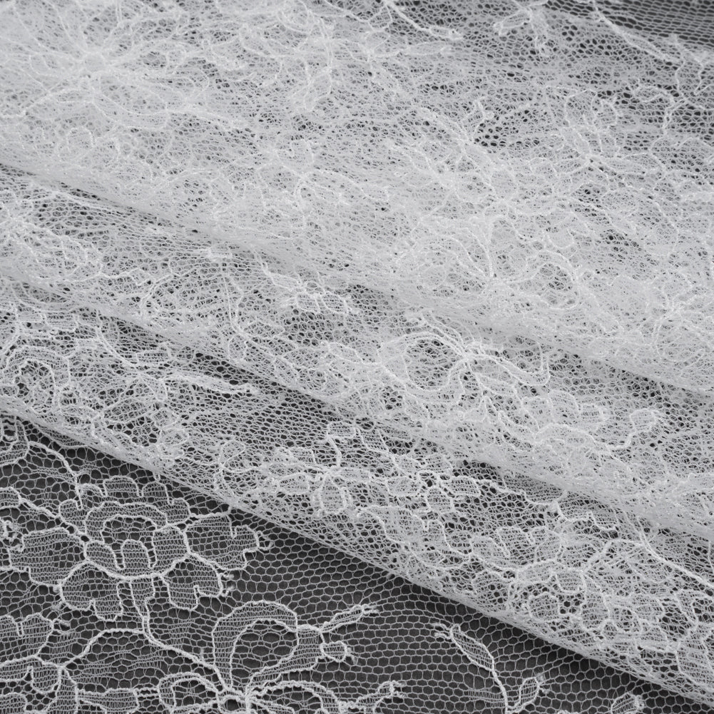 French Chantilly Lace with Finished Scalloped Edges by Solstiss - White Abundant Flowers