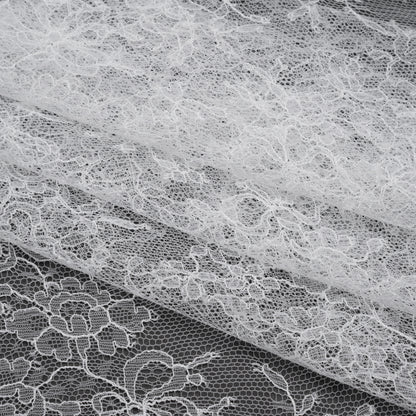 French Chantilly Lace with Finished Scalloped Edges by Solstiss - White Abundant Flowers