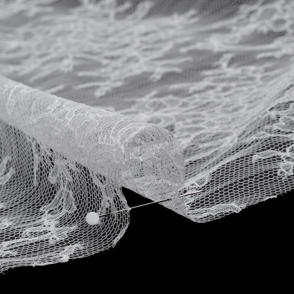 French Chantilly Lace with Finished Scalloped Edges by Solstiss - White Abundant Flowers