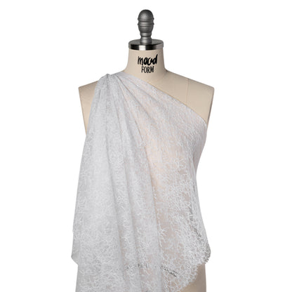 French Chantilly Lace with Finished Scalloped Edges by Solstiss - White Abundant Flowers
