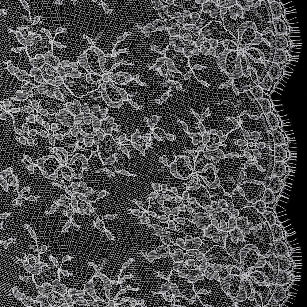 French Chantilly Lace with Finished Scalloped Edges by Solstiss - White Abundant Flowers