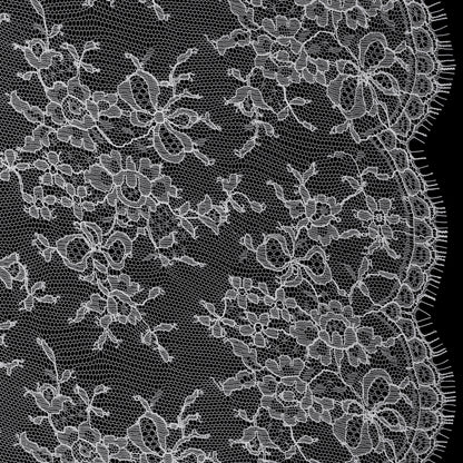 French Chantilly Lace with Finished Scalloped Edges by Solstiss - White Abundant Flowers