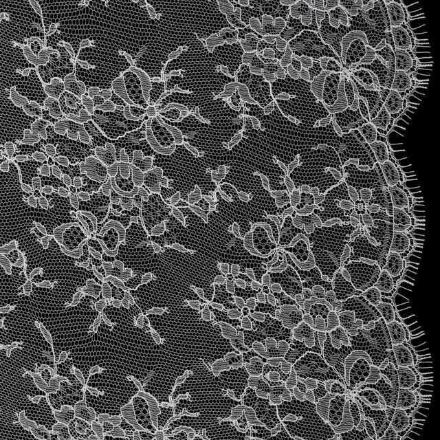 French Chantilly Lace with Finished Scalloped Edges by Solstiss - White Abundant Flowers