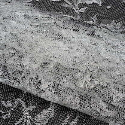 French Metallic Chantilly Lace with Finished Scalloped Edges by Solstiss - Metallic Silver and Greige Flowers