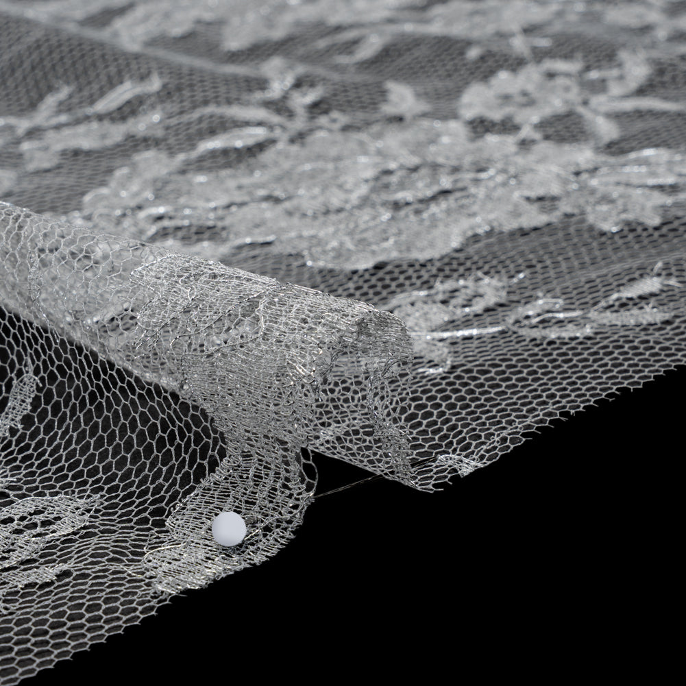 French Metallic Chantilly Lace with Finished Scalloped Edges by Solstiss - Metallic Silver and Greige Flowers