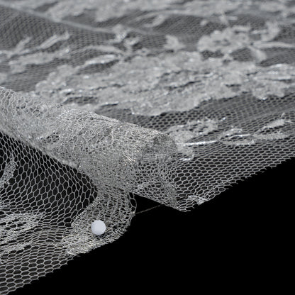 French Metallic Chantilly Lace with Finished Scalloped Edges by Solstiss - Metallic Silver and Greige Flowers