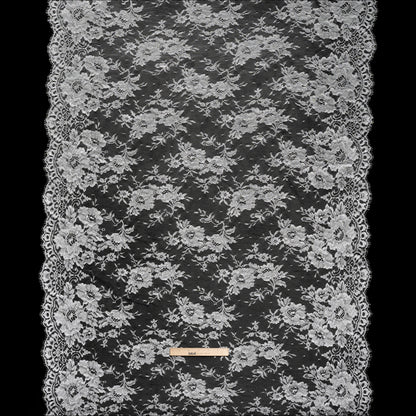French Metallic Chantilly Lace with Finished Scalloped Edges by Solstiss - Metallic Silver and Greige Flowers