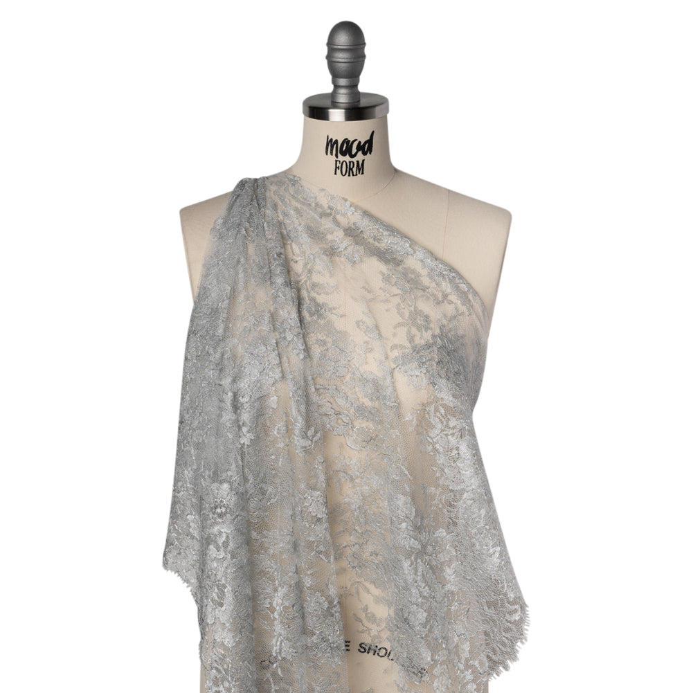 French Metallic Chantilly Lace with Finished Scalloped Edges by Solstiss - Metallic Silver and Greige Flowers