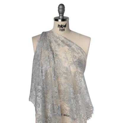 French Metallic Chantilly Lace with Finished Scalloped Edges by Solstiss - Metallic Silver and Greige Flowers