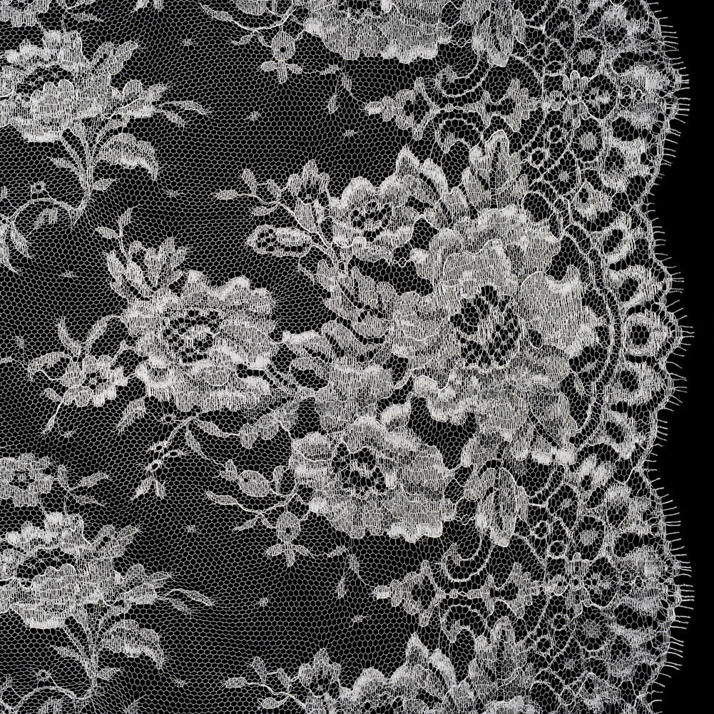 French Metallic Chantilly Lace with Finished Scalloped Edges by Solstiss - Metallic Silver and Greige Flowers