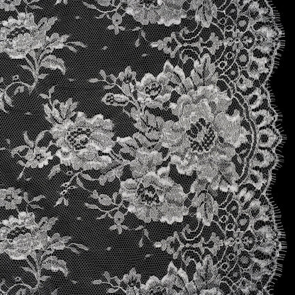 French Metallic Chantilly Lace with Finished Scalloped Edges by Solstiss - Metallic Silver and Greige Flowers