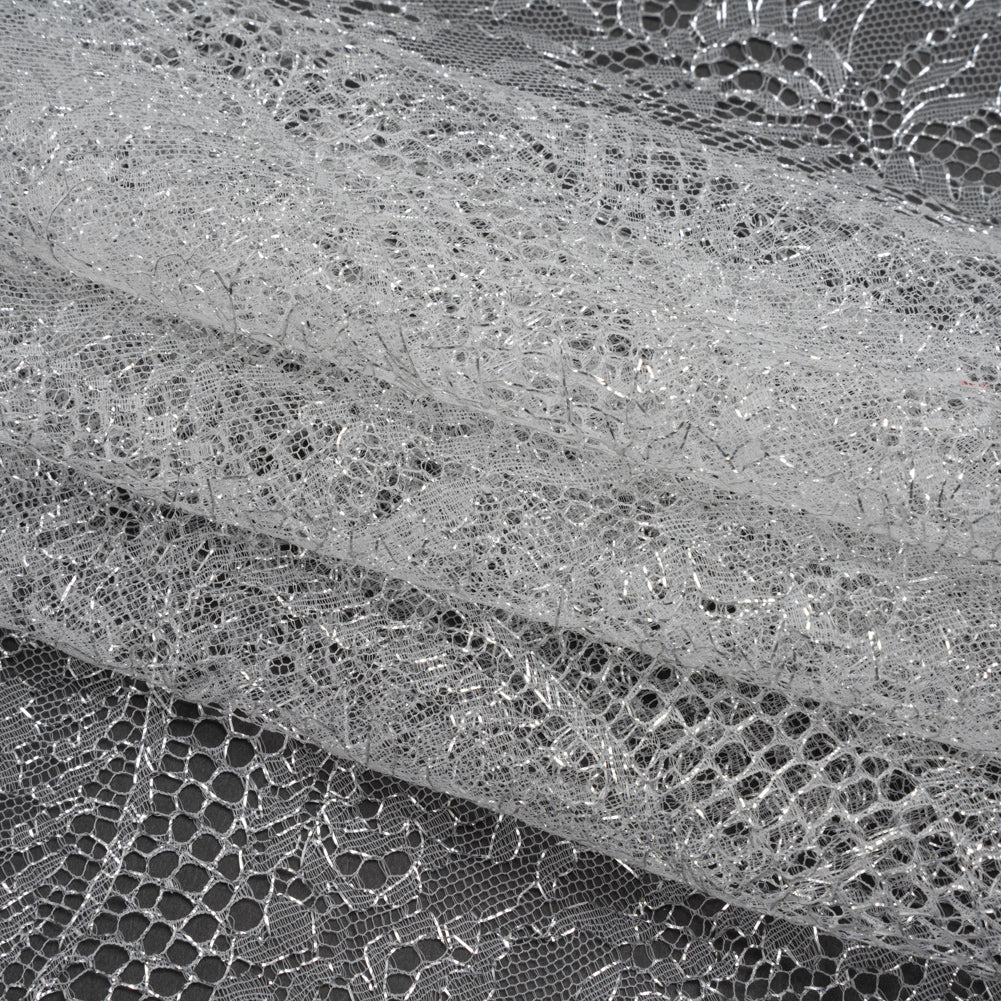 French Metallic Lace by Solstiss - Metallic Silver and Greige Floral Scallops