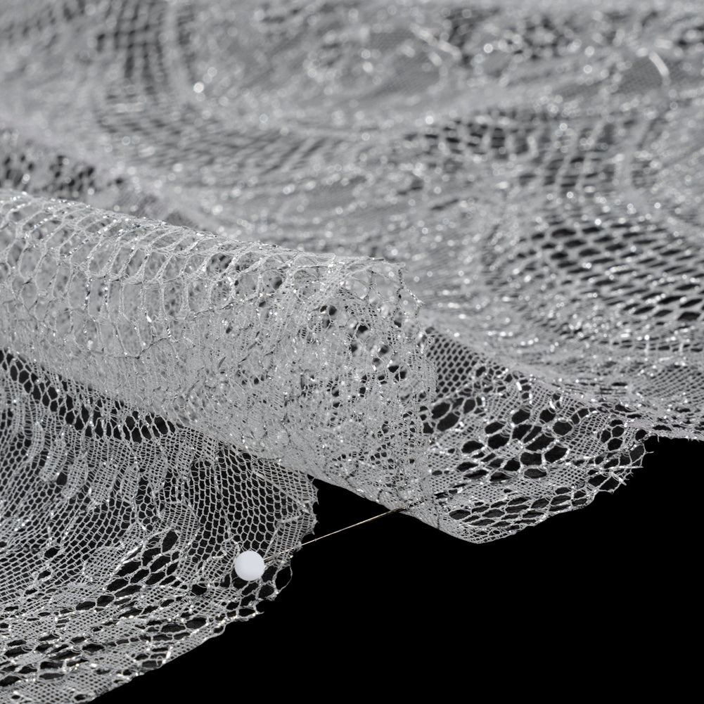 French Metallic Lace by Solstiss - Metallic Silver and Greige Floral Scallops