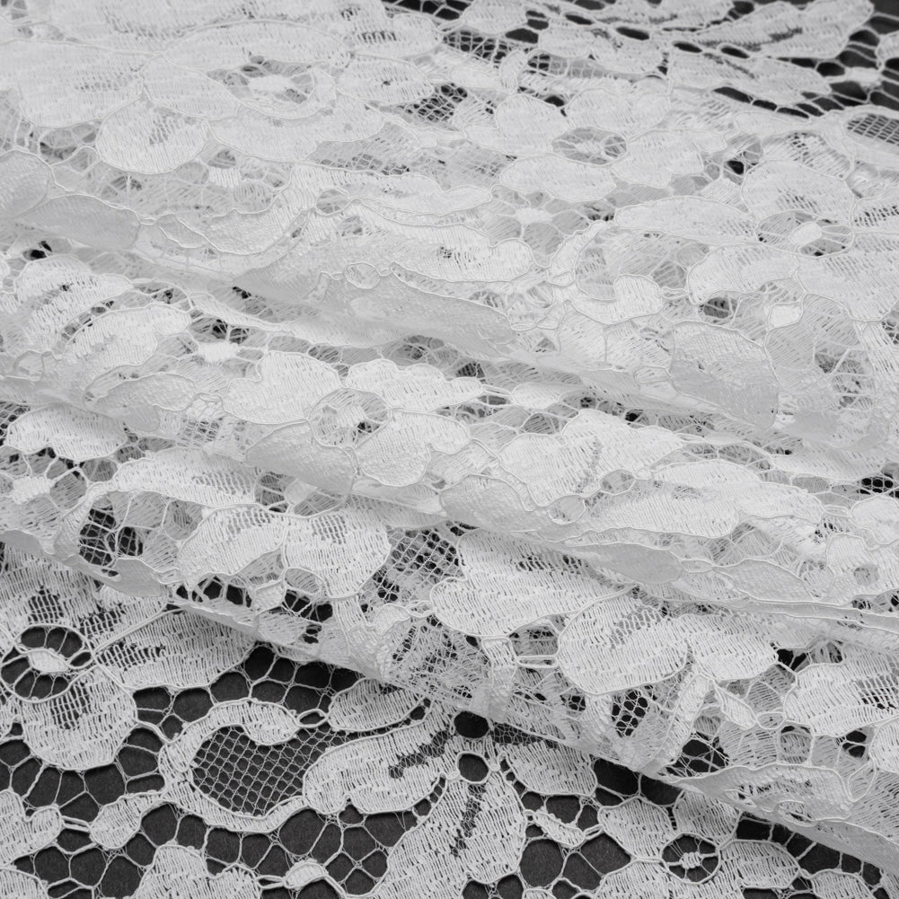 French Corded Polyester and Cotton Lace with Finished Scalloped Edges - White Classic Floral
