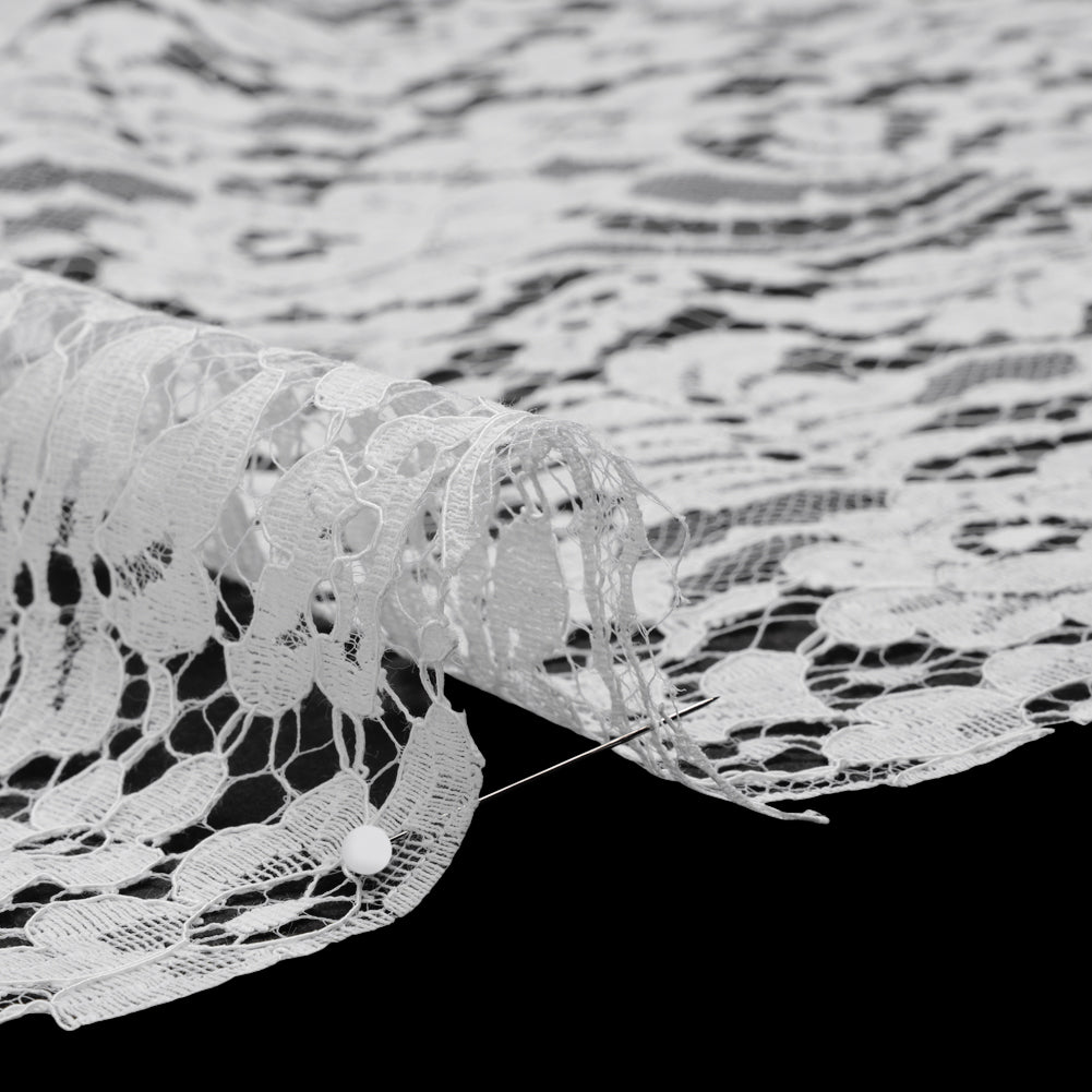 French Corded Polyester and Cotton Lace with Finished Scalloped Edges - White Classic Floral