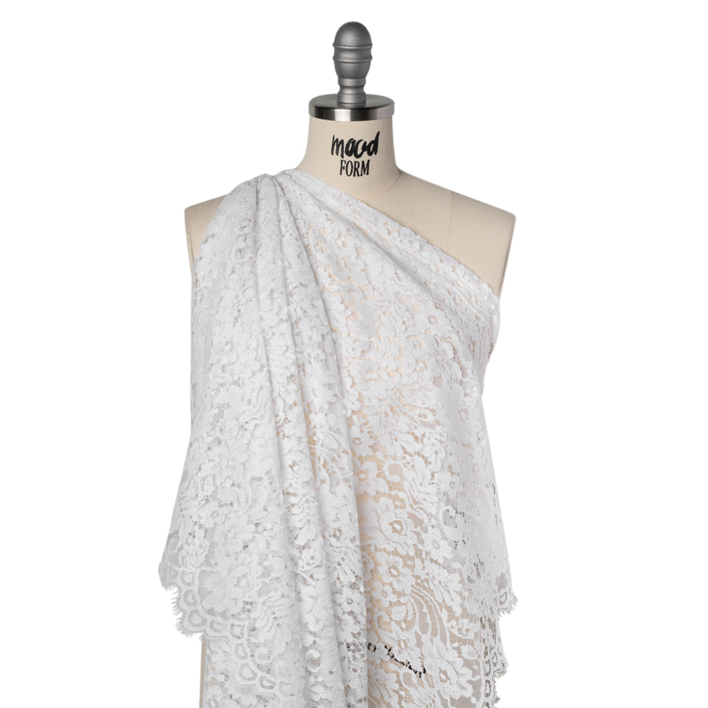 French Corded Polyester and Cotton Lace with Finished Scalloped Edges - White Classic Floral