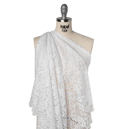 French Corded Polyester and Cotton Lace with Finished Scalloped Edges - White Classic Floral