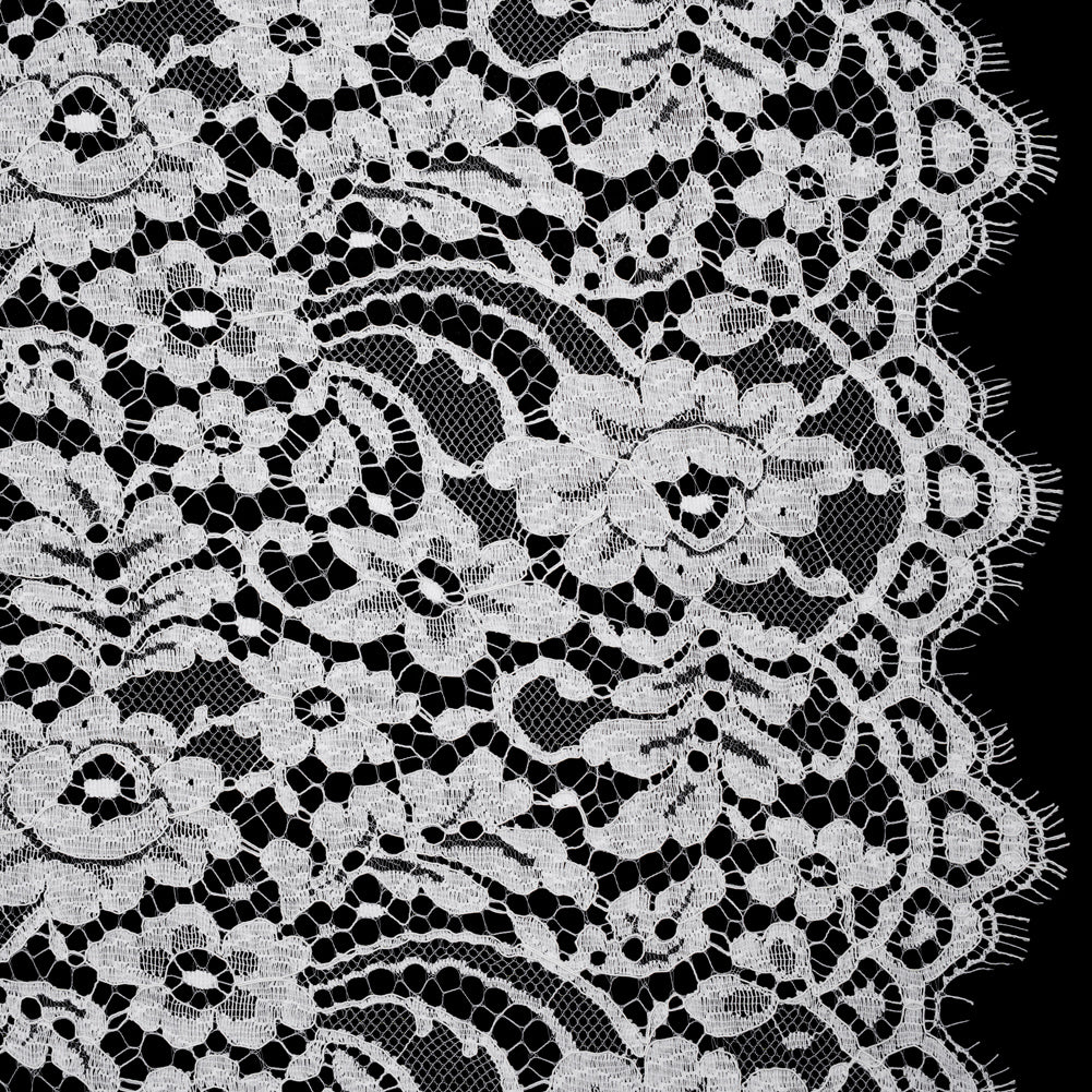 French Corded Polyester and Cotton Lace with Finished Scalloped Edges - White Classic Floral