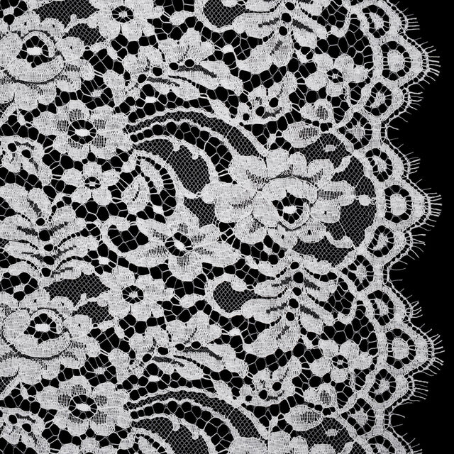 French Corded Polyester and Cotton Lace with Finished Scalloped Edges - White Classic Floral