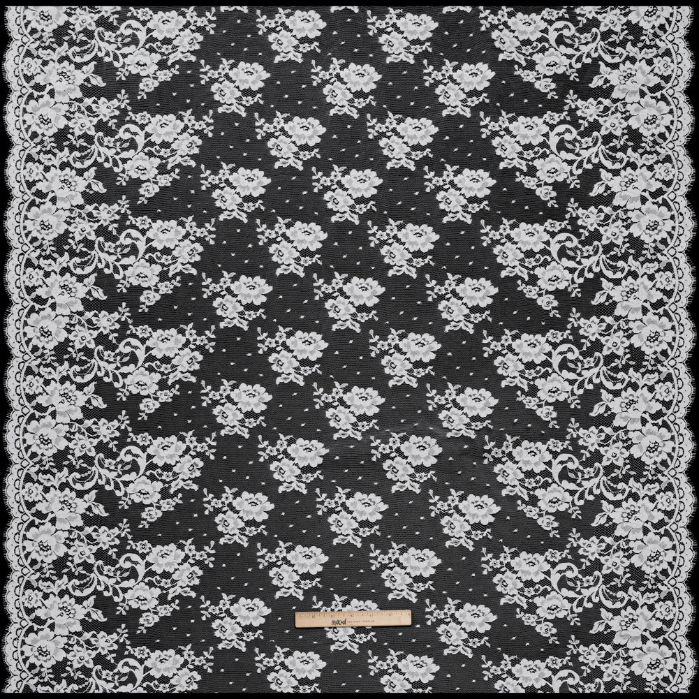 French Cotton Blend Re-Embroidered Lace with Finished Scalloped Edges - White Classic Floral