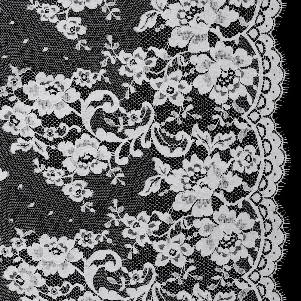French Cotton Blend Re-Embroidered Lace with Finished Scalloped Edges - White Classic Floral