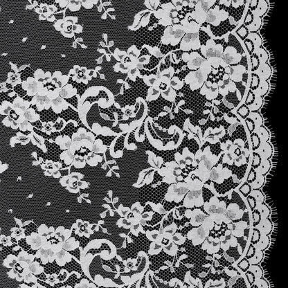 French Cotton Blend Re-Embroidered Lace with Finished Scalloped Edges - White Classic Floral