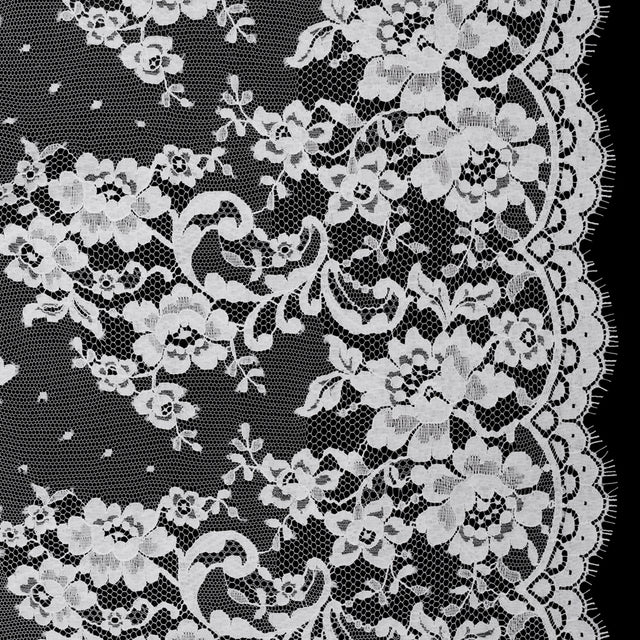 French Cotton Blend Re-Embroidered Lace with Finished Scalloped Edges - White Classic Floral