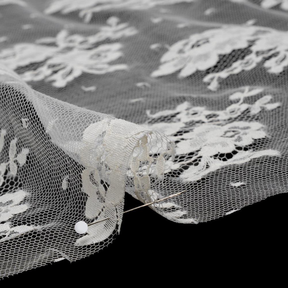 French Cotton Blend Leavers Lace with Finished Scalloped Edges - Greige Classic Floral