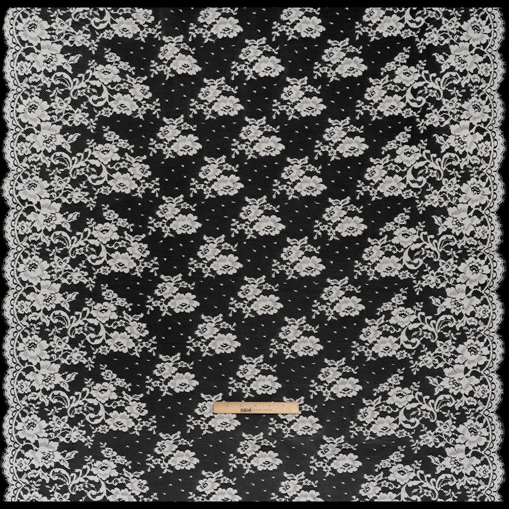 French Cotton Blend Leavers Lace with Finished Scalloped Edges - Greige Classic Floral