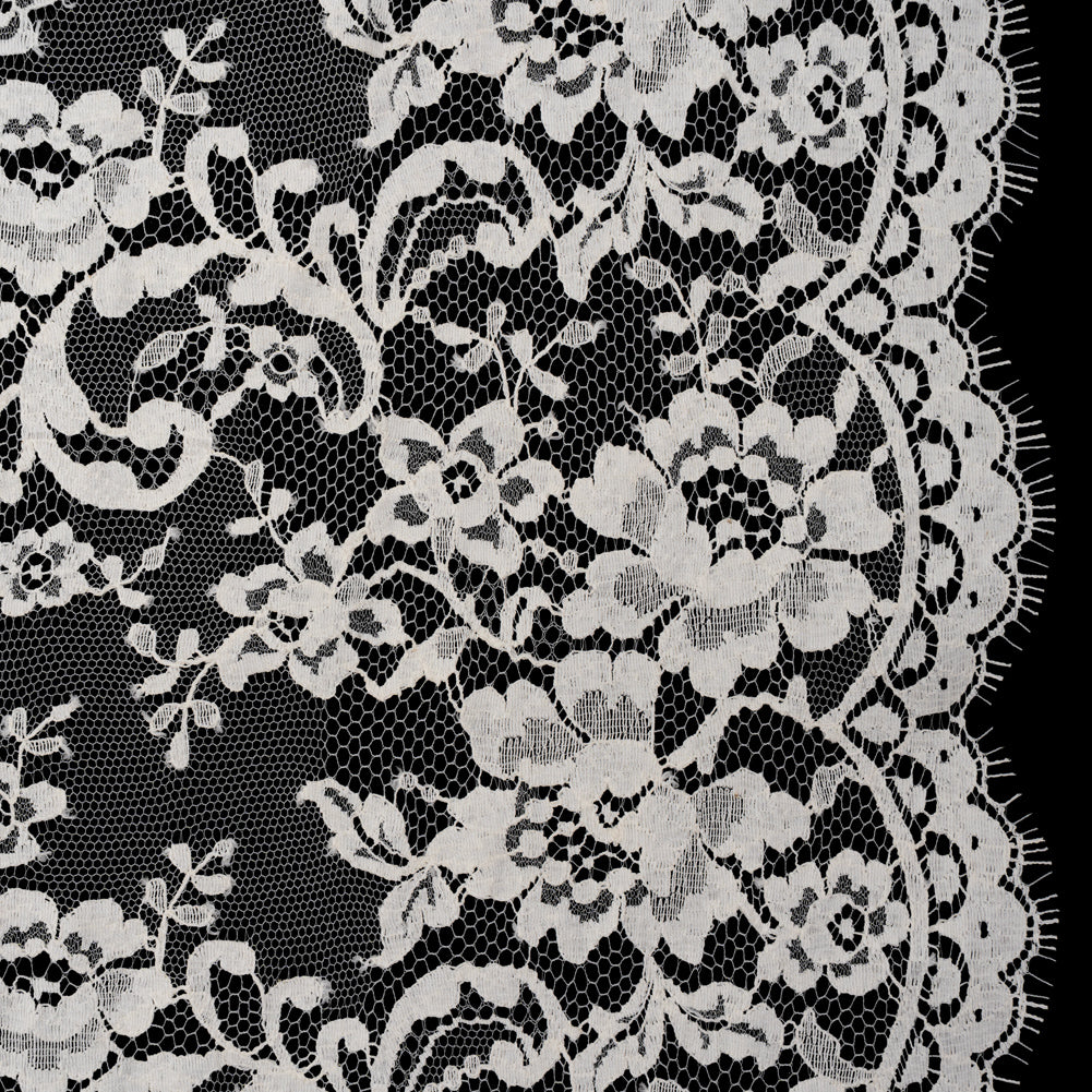 French Cotton Blend Leavers Lace with Finished Scalloped Edges - Greige Classic Floral