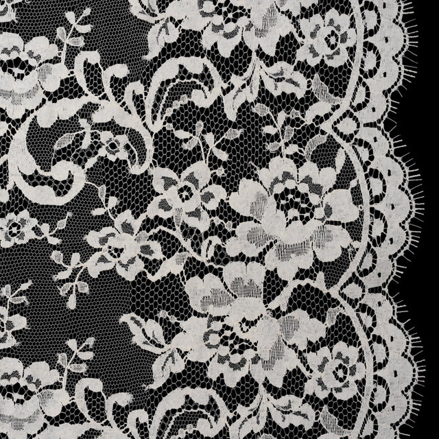 French Cotton Blend Leavers Lace with Finished Scalloped Edges - Greige Classic Floral