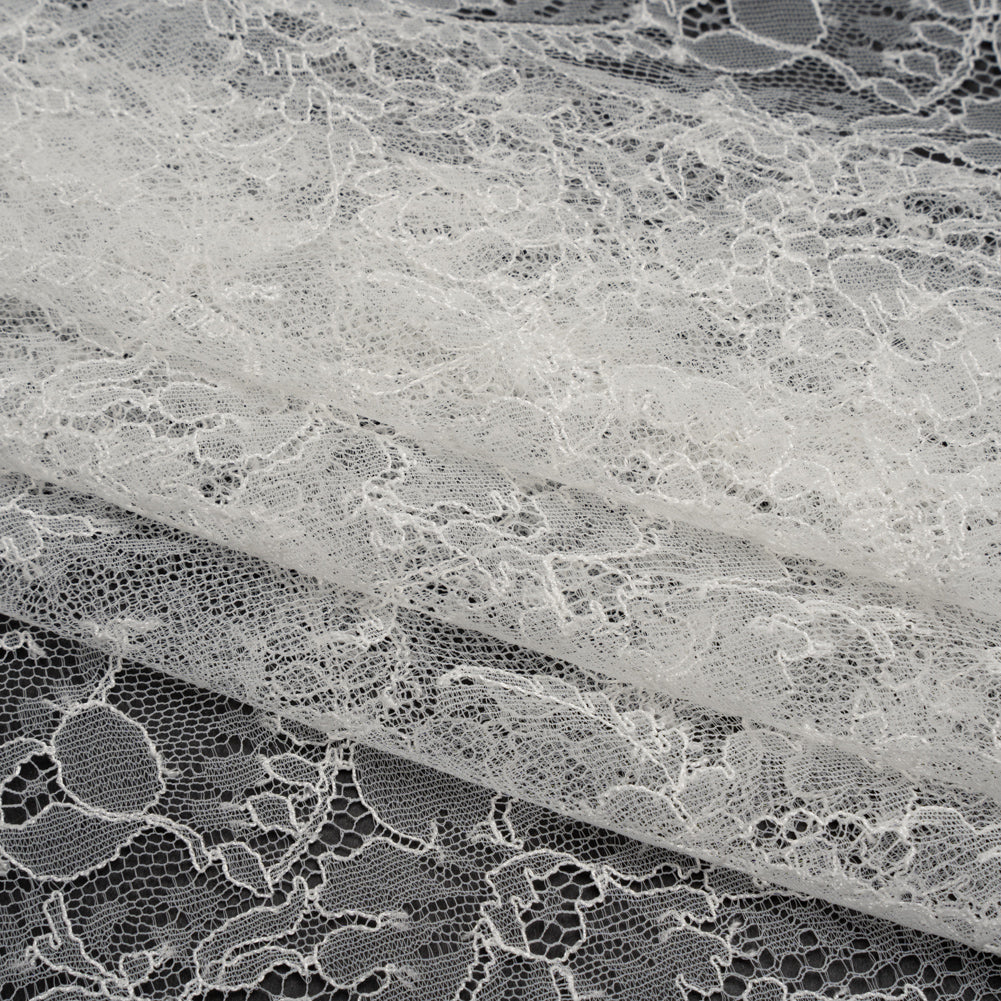 French Chantilly Lace with a Finished Scalloped Edge by Solstiss - Greige Dreamy Floral Bouquets