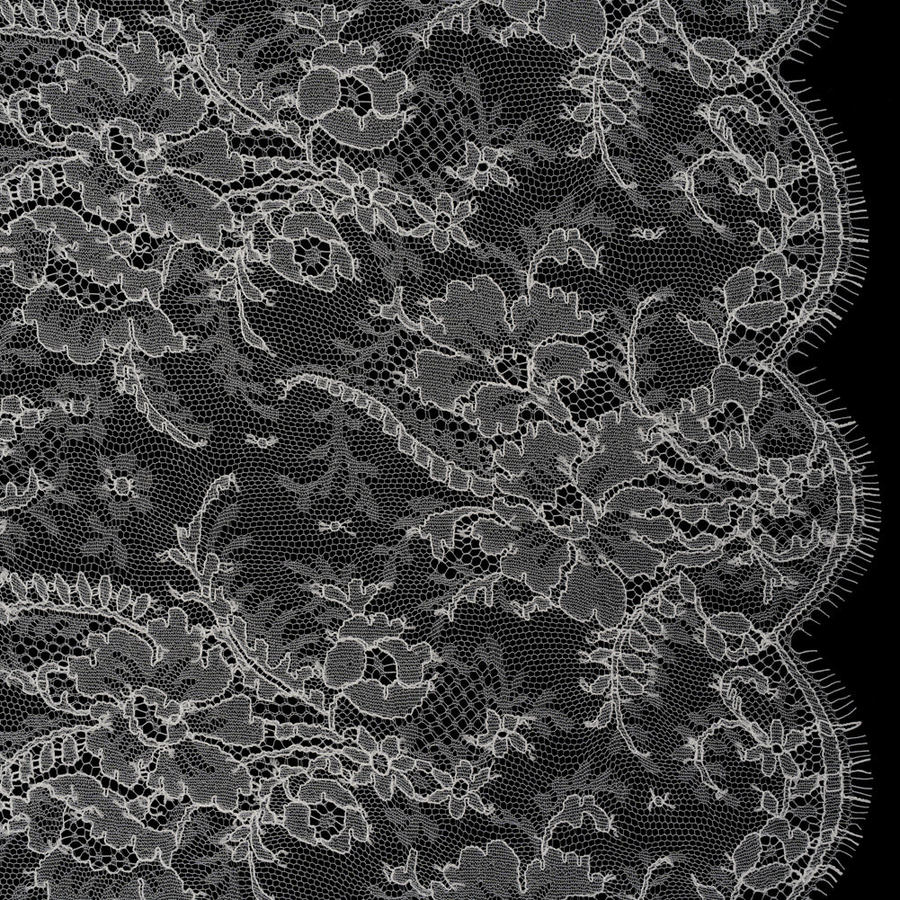 French Chantilly Lace with a Finished Scalloped Edge by Solstiss - Greige Dreamy Floral Bouquets