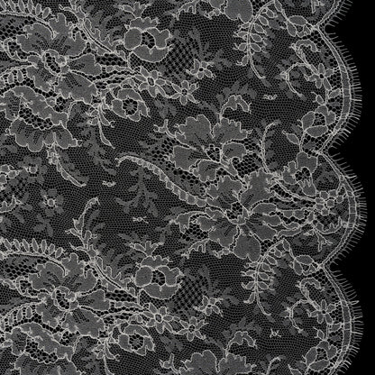 French Chantilly Lace with a Finished Scalloped Edge by Solstiss - Greige Dreamy Floral Bouquets