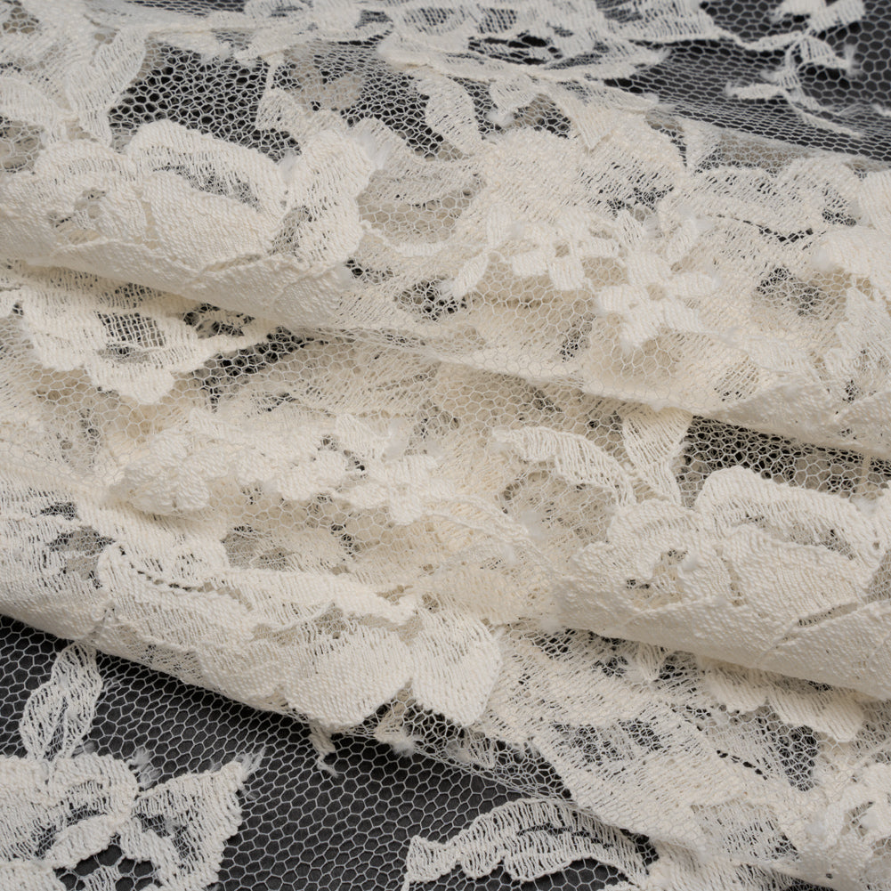 French Cotton Blend Leavers Lace with Finished Scalloped Edges by Solstiss - Greige Sweet Roses