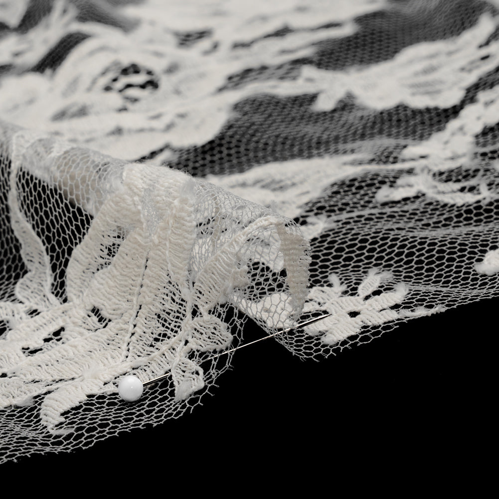 French Cotton Blend Leavers Lace with Finished Scalloped Edges by Solstiss - Greige Sweet Roses
