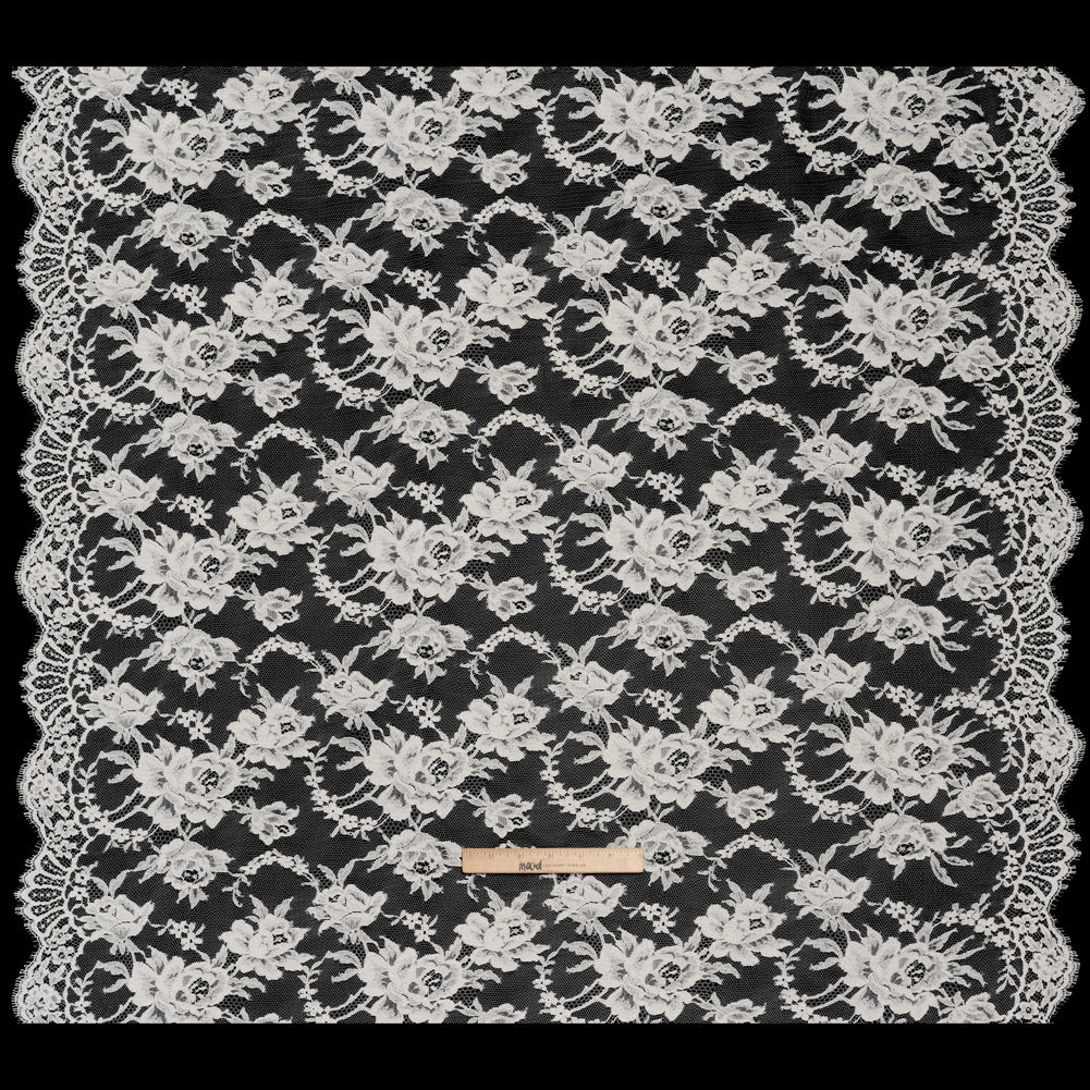 French Cotton Blend Leavers Lace with Finished Scalloped Edges by Solstiss - Greige Sweet Roses