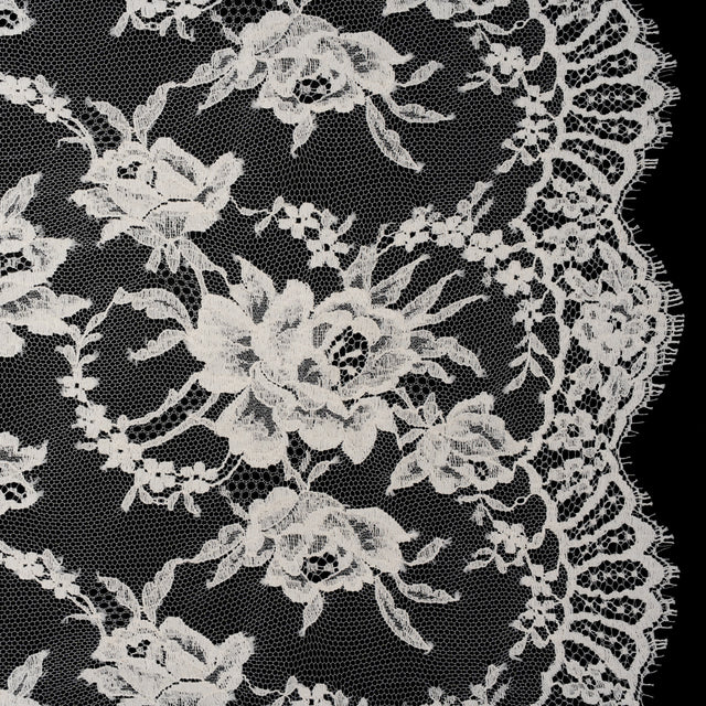 French Cotton Blend Leavers Lace with Finished Scalloped Edges by Solstiss - Greige Sweet Roses