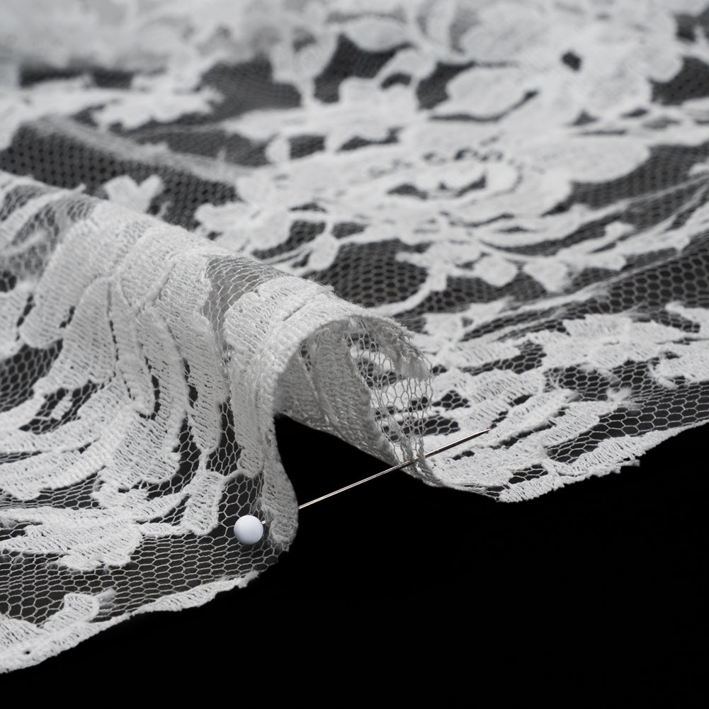 French Cotton Blend Leavers Lace with Finished Scalloped Edges by Solstiss - White Dancing Flowers