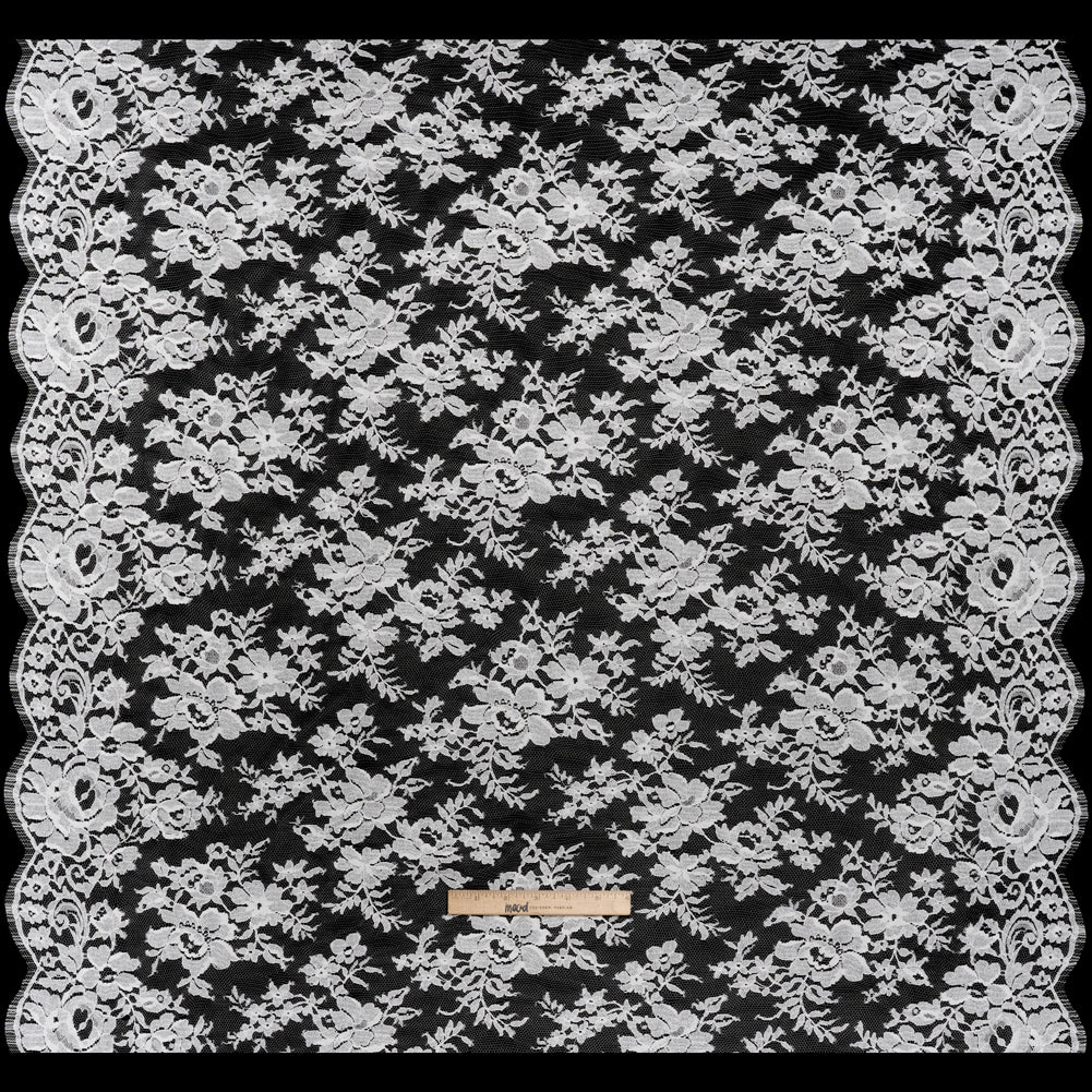 French Cotton Blend Leavers Lace with Finished Scalloped Edges by Solstiss - White Dancing Flowers