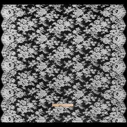 French Cotton Blend Leavers Lace with Finished Scalloped Edges by Solstiss - White Dancing Flowers