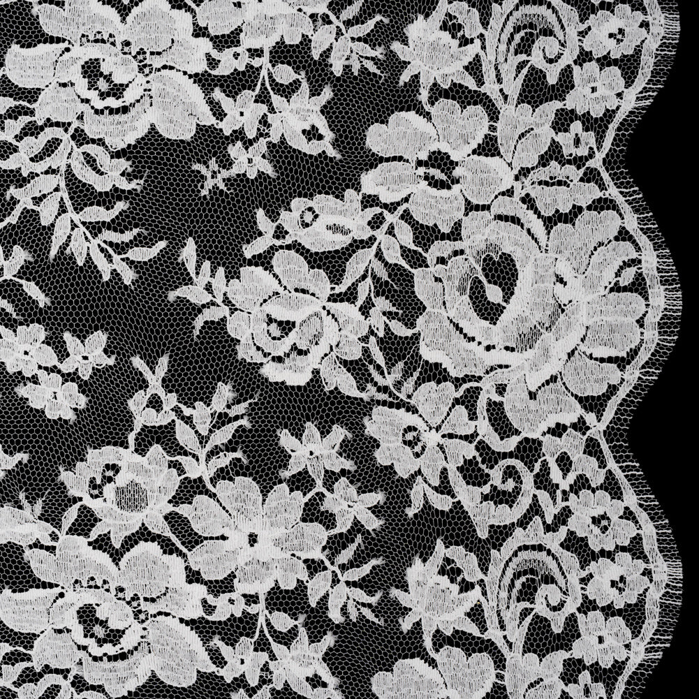 French Cotton Blend Leavers Lace with Finished Scalloped Edges by Solstiss - White Dancing Flowers
