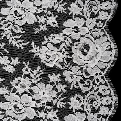 French Cotton Blend Leavers Lace with Finished Scalloped Edges by Solstiss - White Dancing Flowers