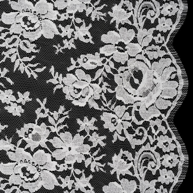 French Cotton Blend Leavers Lace with Finished Scalloped Edges by Solstiss - White Dancing Flowers