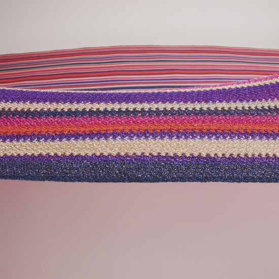Trina Turk Pink, Orange and Navy Metallic Striped Viscose and Polyester Sweater Knit - Image 6 of 6