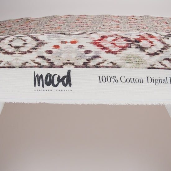 Slubbed Gauzy Cotton Woven - Red, Orange and Dark Green Geometric Ikat - Mood Exclusive Secret Symbols Print