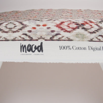 Slubbed Gauzy Cotton Woven - Red, Orange and Dark Green Geometric Ikat - Mood Exclusive Secret Symbols Print