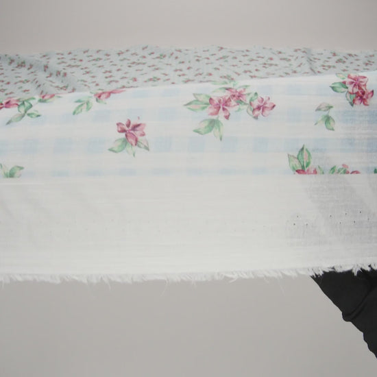 Crinkled Cotton Gauzy Woven - Blue, Pink and Green Flowers on Gingham - Mood Exclusive Picnic Petals Print