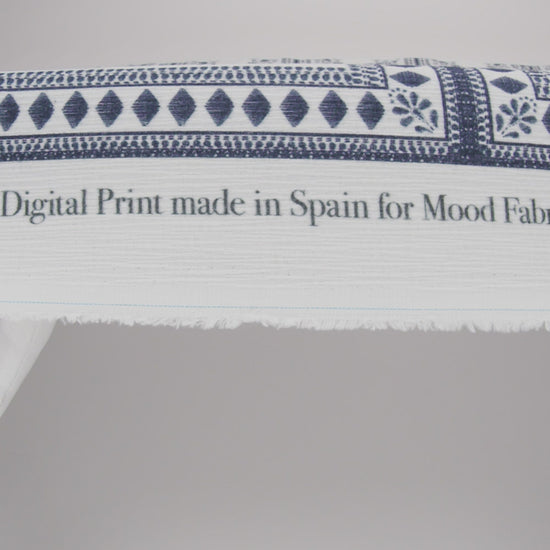 Slubbed Gauzy Cotton Woven - White and Navy Blue Floral Embroidery Squares - Mood Exclusive Porcelain Petals Print