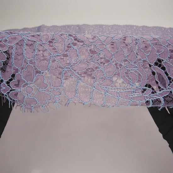Corded Raschel Lace Panel with Finished Edges - Lavender and Sky Blue All-Over Flowers and Leaves